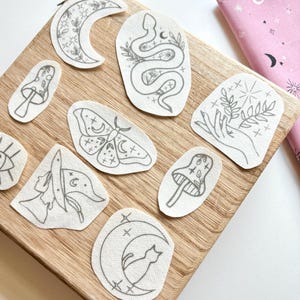Witchy Halloween Stick and Stitch Embroidery Patterns, Celestial Peek and Stick Transfer Patch, Spook Hand Embroidery Designs, Witch Pack