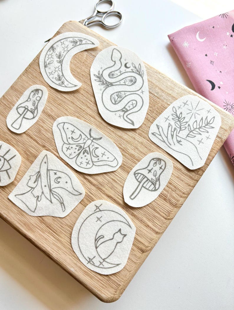 Witchy Halloween Stick and Stitch Embroidery Patterns, Celestial Peek and Stick Transfer Patch, Spook Hand Embroidery Designs, Witch Pack