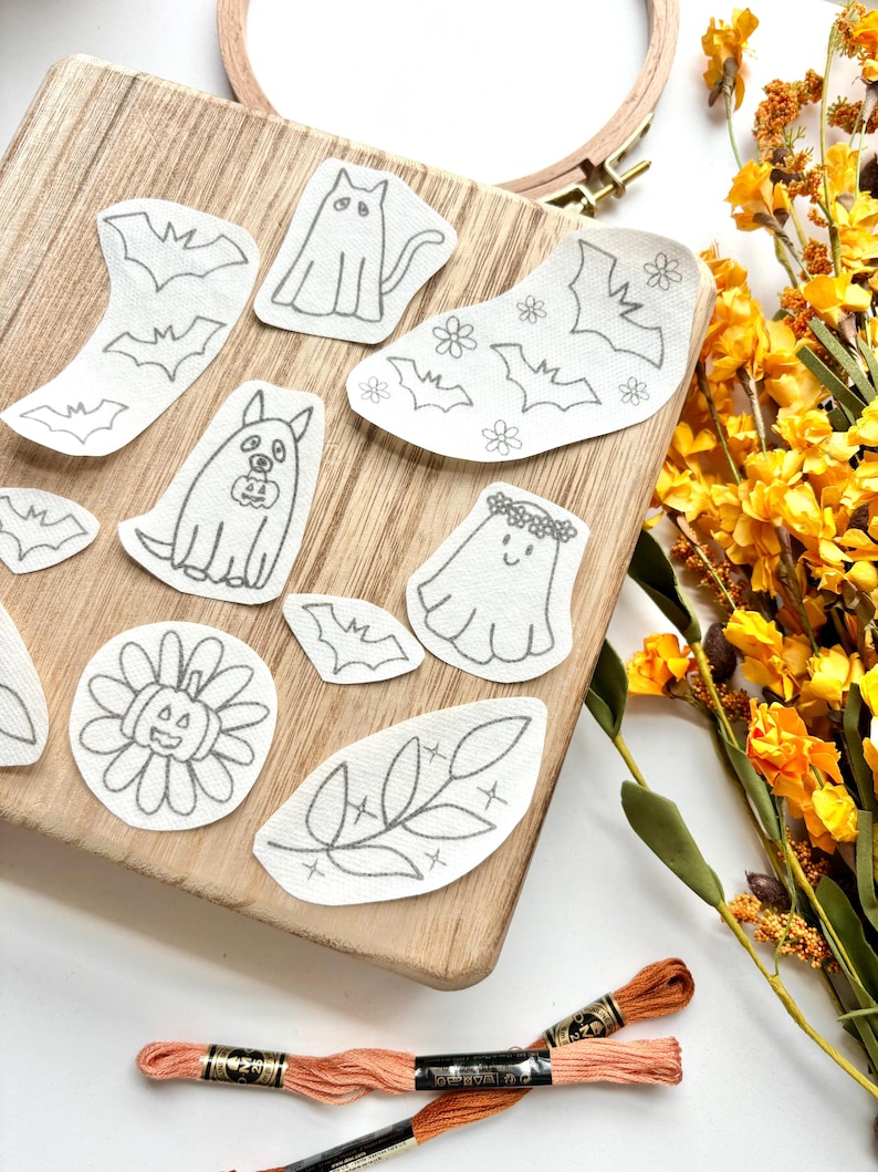 Halloween Stick and Stitch Embroidery Pack, Ghost Stick and Stitch Embroidery for Beginners, Bat Stick on Embroidery Pattern Transfer Patch