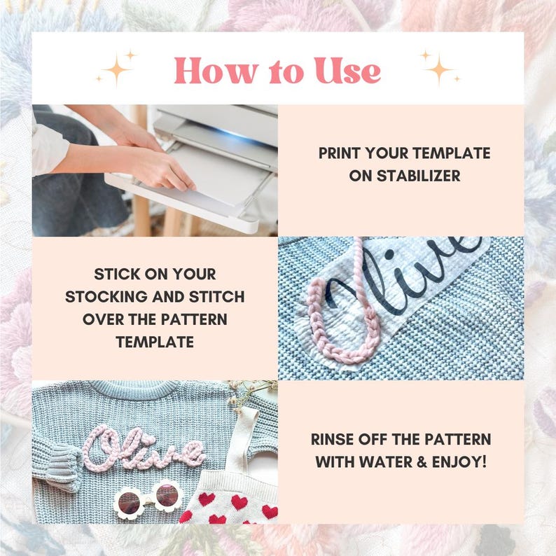 May include: How to use a printable template to create a personalized embroidered design on a sweater. The steps are: print the template on stabilizer, stick it on the sweater, stitch over the pattern, and rinse off the template with water.