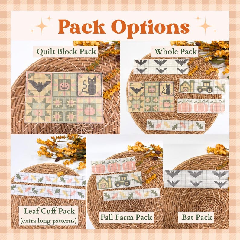 May include: A collection of cross-stitch pattern sheets labeled Pack Options, including Quilt Block Pack, Whole Pack, Leaf Cuff Pack, Fall Farm Pack, and Bat Pack. The designs feature grid-based motifs of bats, pumpkins, cats, farm equipment, and leaves.