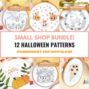 May include: A collection of Halloween-themed embroidery patterns. The image showcases several embroidery hoops with various designs, including pumpkins, bats, ghosts, and spiderwebs. Text reads "SMALL SHOP BUNDLE! 12 HALLOWEEN PATTERNS EMBROIDERY PDF DOWNLOAD."