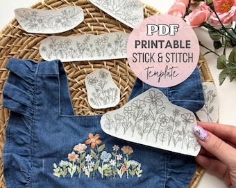 Wilde bloemen borduurwerk pdf, afdrukbare stick & stitch bloemenpatronen voor stabilisator, beginnershand DIY-borduurwerk, direct downloaden