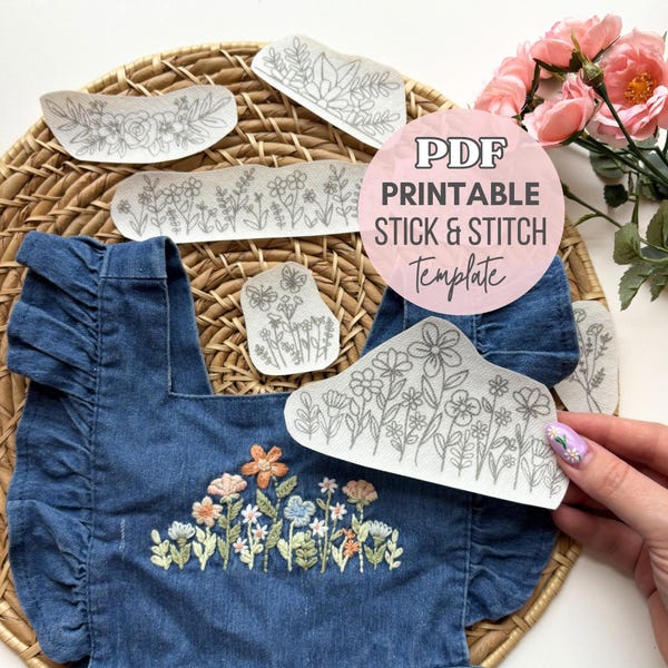 Wild Flowers Embroidery PDF,  Printable Stick & Stitch Floral Patterns for Stabilizer, Beginner Hand DIY Embroidery, Instant Download
