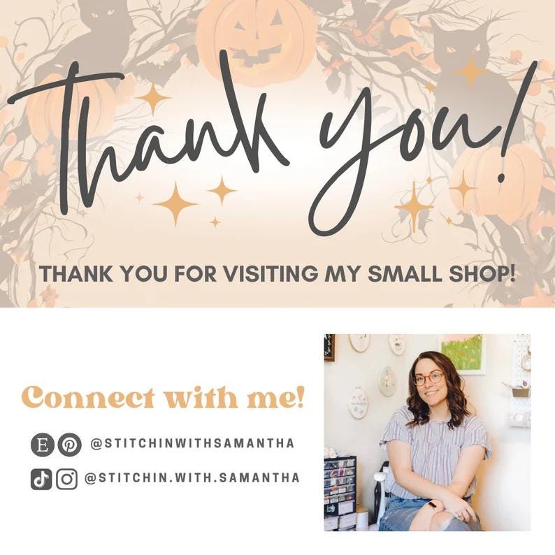 May include: A thank you message with a Halloween theme. The text reads "Thank you!" and "Thank you for visiting my small shop!"  The message is surrounded by a pattern of pumpkins, bats, and stars. The bottom of the image shows a woman sitting in a chair with a message that reads "Connect with me!" and social media handles for Etsy, Pinterest, and TikTok.