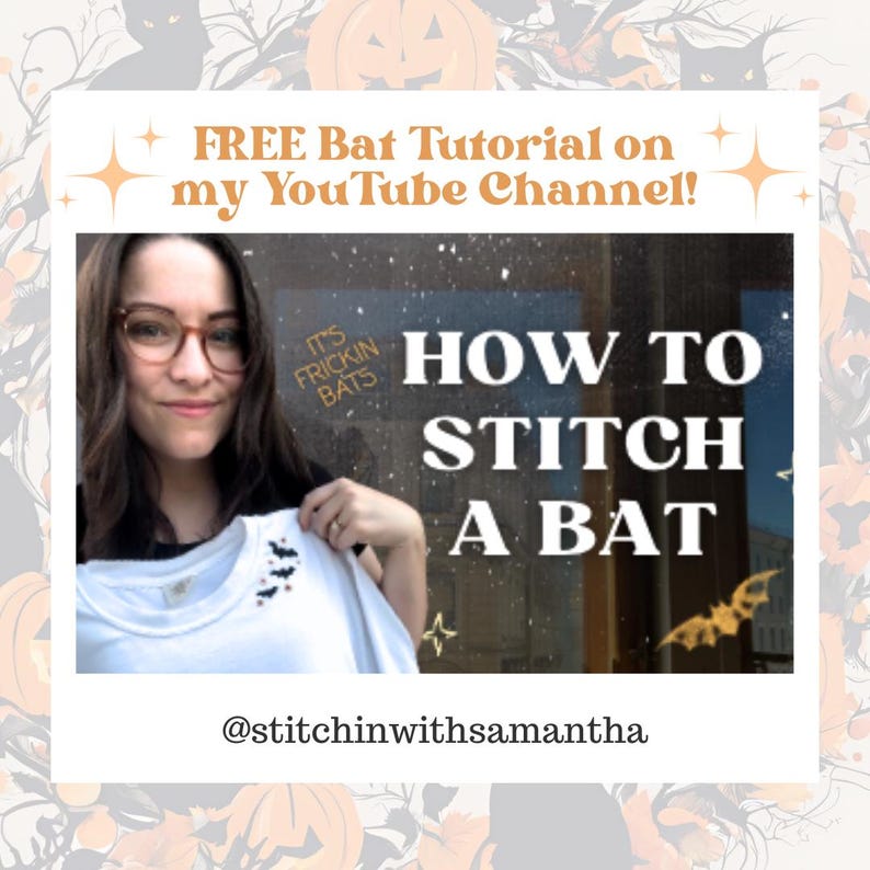 K&ouml;nnte beinhalten: Ein wei&szlig;es T-Shirt mit kleinen gestickten schwarzen Flederm&auml;usen am Halsausschnitt. Das Bild enth&auml;lt den Text: FREE Bat Tutorial on my YouTube Channel!, IT'S FRICKIN BATS, HOW TO STITCH A BAT und @stitchinwithsamantha.
