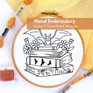 Bat Hand Embroidery Image, Book Embroidery Hoop Art, Halloween Embroidery Image for Beginners, Spooky Embroidery PDF, Book Lover