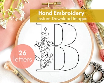 Floral Alphabet Hand Embroidery PDF Template, Instant Digital Download, Letter Embroidery Design with Flowers, 6 Inch Floral Monogram Hoop