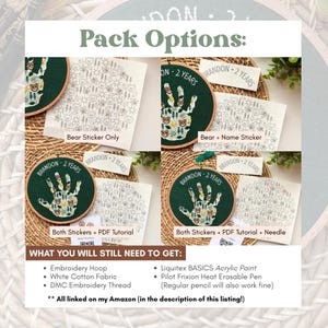 May include: Image showcasing embroidery kit options. The kits feature a handprint design with a bear theme, available with stickers, tutorials, and needles. Text includes "Pack Options" and a list of supplies needed, such as embroidery hoops and acrylic paint.