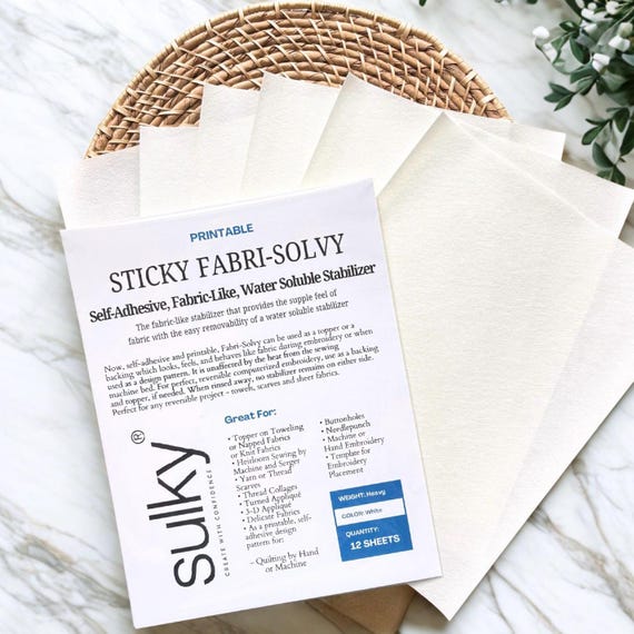 Sulky Fabri Solvy Printable Stabilizer, Stick and Stitch Paper, Embroidery Transfer Patches, Water-Soluble Fabric Stabilizer Sheets