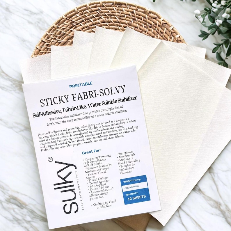 Sulky Fabri Solvy Printable Stabilizer, Stick and Stitch Paper, Embroidery Transfer Patches, Water-Soluble Fabric Stabilizer Sheets image 1