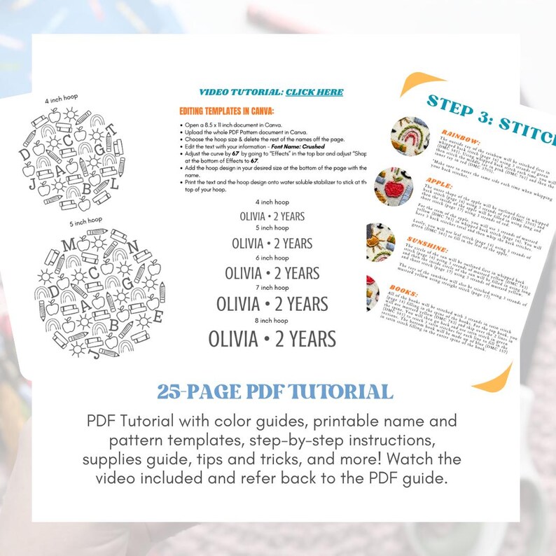 May include: A 25-page PDF tutorial document featuring embroidery pattern templates for 4-inch to 8-inch hoops. The guide includes instructions for editing text in Canva, step-by-step stitching directions for rainbow, apple, sun, and book designs.