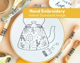 Tea Embroidery Template Download, Tea Lover Embroidery Design, Floral Embroidery Template, Spring Hoop Art, PDF Teapot Embroidery Template
