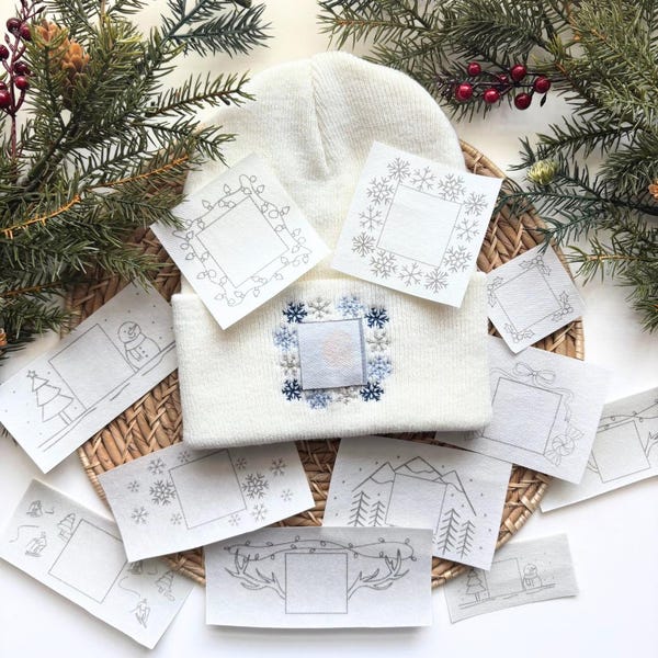 Christmas Beanie Embroidery Stick And Stitch, Embroidered Beanie Craft, Winter Embroidery Project, Hat Embroidery Patterns, Embroidery Gift
