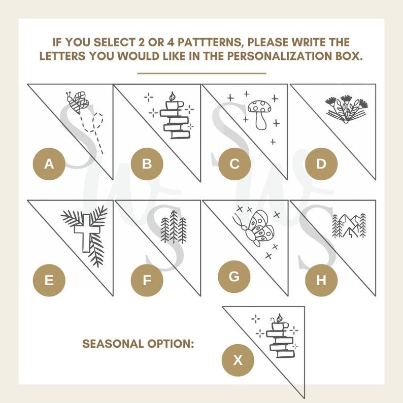 May include: A chart with nine triangle-shaped options for customizing a product. Each triangle features a different design, including a bee, a candle, a mushroom, a flower, a cross, a forest, a butterfly, and mountains. The chart also includes a seasonal option with a candle design.