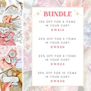 May include: A pink and white graphic with the text "BUNDLE" and details about discounts for purchasing 3, 5, 8, or 10 items. The discounts are 15%, 20%, 25%, and 30% respectively. The text also includes the discount amounts in Swiss Francs: SW$15, SWS20, SWS25, and SWS30.