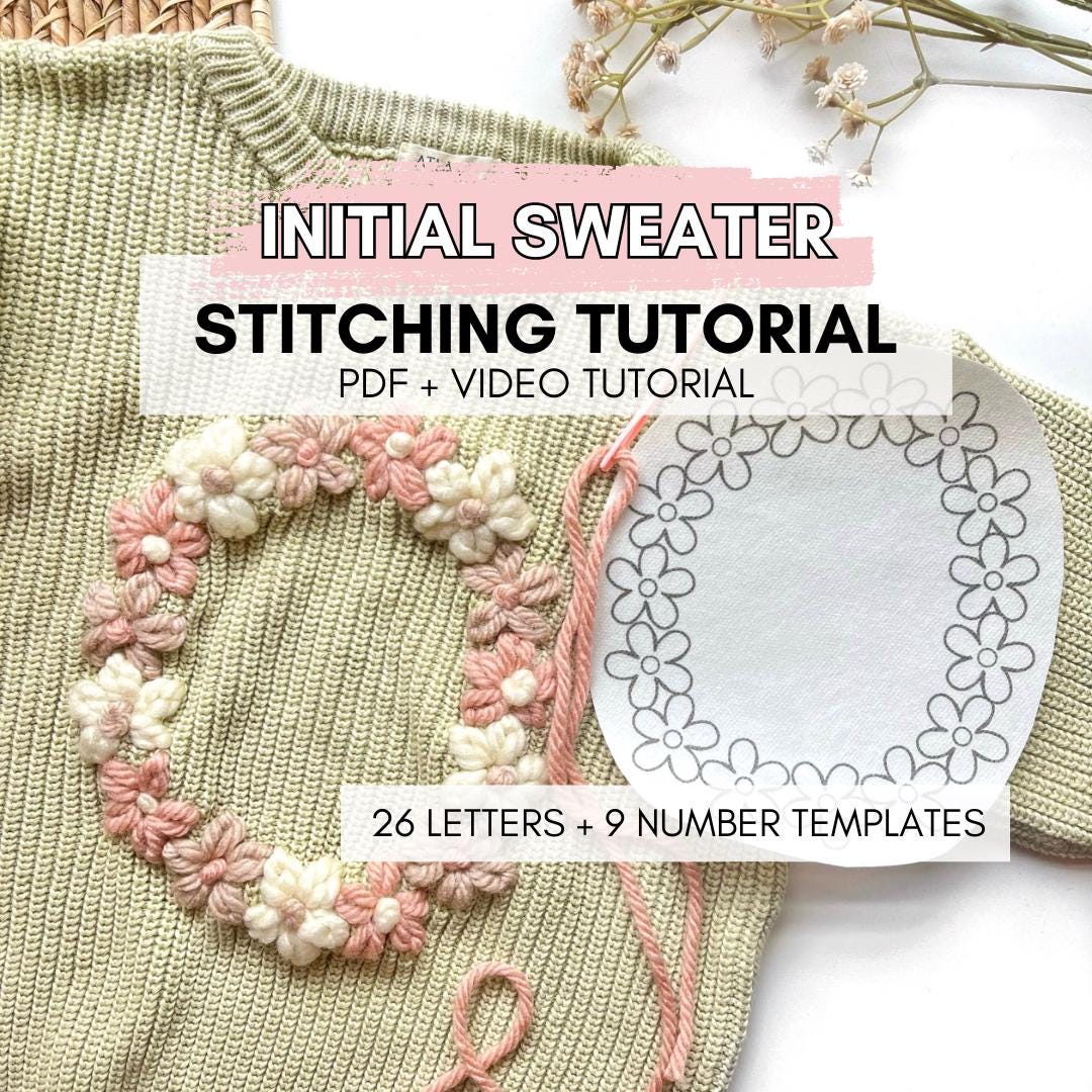 Tutorial de suéter con inicial floral, alfabeto para suéter de bebé hecho a mano, guía de patrones de bordado de suéter de bebé con monograma para pegar y coser