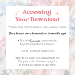 Może przedstawiać: Grafika w kolorze r&oacute;żowym i białym z tekstem "Accessing Your Download" oraz instrukcjami, jak uzyskać dostęp do pobrań cyfrowych z Etsy.com na urządzeniu mobilnym.