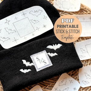Bordado de murciélago imprimible con puntadas, proyecto de bordado de Halloween con gorro, bordado de otoño en PDF con puntadas, diseño espeluznante.
