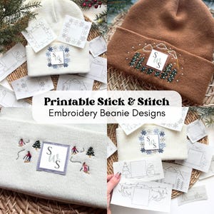 May include: A collection of knit beanies in white and brown featuring embroidered designs of snowflakes, mountains, trees, and skiers, accompanied by printable stick and stitch embroidery patterns labeled Printable Stick & Stitch Embroidery Beanie Designs.