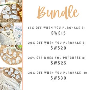 May include: A graphic with the text "Bundle" and information about discounts for purchasing multiple items. The discounts are 15% off when you purchase 3, 20% off when you purchase 5, 25% off when you purchase 8, and 30% off when you purchase 10. The discount codes are SWS15, SWS20, SWS25, and SWS30.
