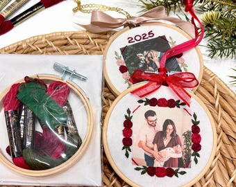 Kit de marco para bordado de fotos, adorno navideño de pegar y coser, manualidades de bordado para principiantes, regalo para adorno de árbol, transferencias de bordado