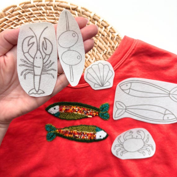 Fish Stick and Stitch Hand Embroidery Design, Fisherman Aesthetic Embroidery, Coastal Stick Stitch Bead Embroidery Patterns, Olives, Lobster