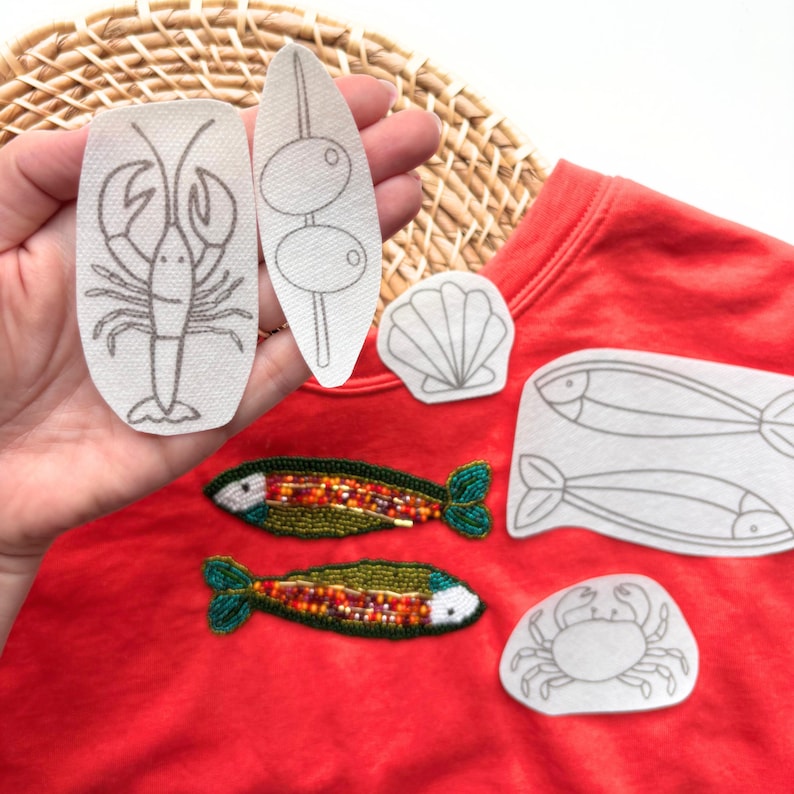 Fish Stick and Stitch Hand Embroidery Design, Fisherman Aesthetic Embroidery, Coastal Stick Stitch Bead Embroidery Patterns, Olives, Lobster image 1
