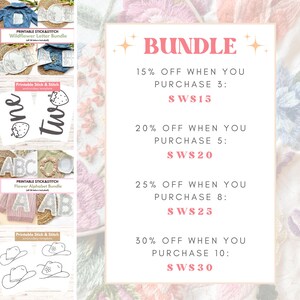 May include: A pink and white graphic with the text "BUNDLE" in large pink letters. The graphic lists discounts for purchasing 3, 5, 8, or 10 items. The discounts are 15%, 20%, 25%, and 30% off, respectively. The prices are listed as SWS15, SWS20, SWS25, and SWS30.