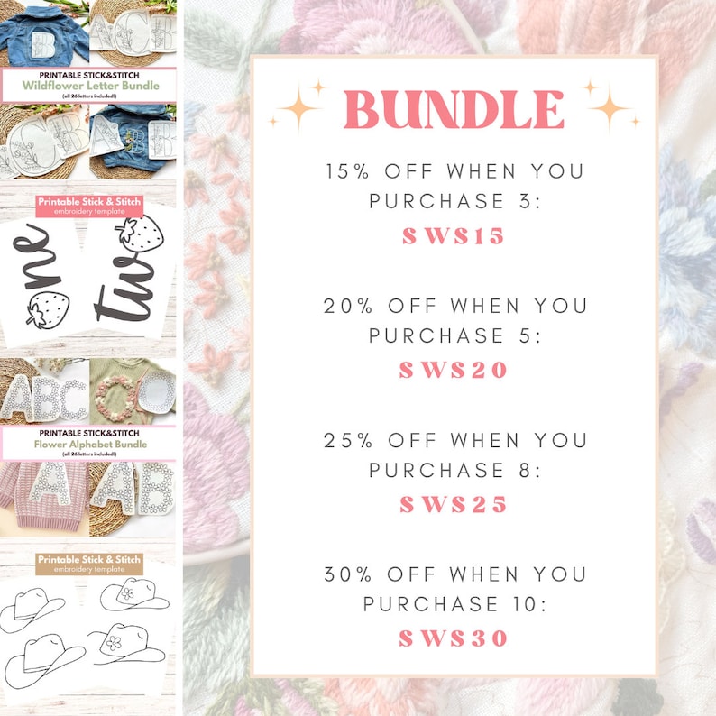 May include: A pink and white graphic with the text "BUNDLE" in large pink letters. The graphic lists discounts for purchasing 3, 5, 8, or 10 items. The discounts are 15%, 20%, 25%, and 30% off, respectively. The prices are listed as SWS15, SWS20, SWS25, and SWS30.