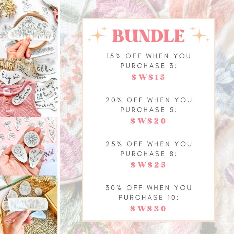 May include: A pink and white graphic with the text "BUNDLE" and details about discounts for purchasing 3, 5, 8, or 10 items. The text says "15% OFF WHEN YOU PURCHASE 3: SWS15", "20% OFF WHEN YOU PURCHASE 5: SWS20", "25% OFF WHEN YOU PURCHASE 8: SWS25", and "30% OFF WHEN YOU PURCHASE 10: SWS30".