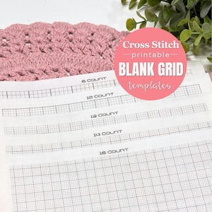 May include: A stack of white paper sheets featuring black printed cross stitch grid templates. Each sheet is labeled with specific counts including 6 count, 10 count, 12 count, 14 count, and 16 count. The text Cross Stitch printable BLANK GRID templates is visible.