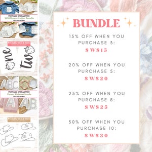 Pode incluir: Um gr&aacute;fico rosa e branco com o texto "BUNDLE" em letras rosa grandes. O gr&aacute;fico lista descontos para comprar 3, 5, 8 ou 10 modelos de bordado imprim&iacute;veis para colar e costurar. Os descontos s&atilde;o de 15%, 20%, 25% e 30%, respectivamente. Os pre&ccedil;os s&atilde;o listados como SWS15, SWS20, SWS25 e SWS30.