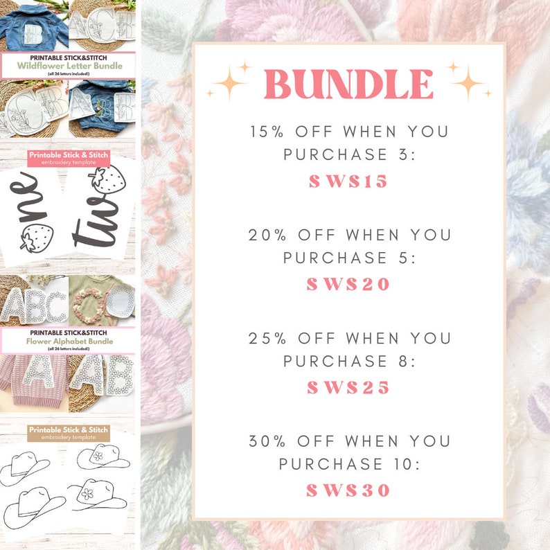 Pode incluir: Um gr&aacute;fico rosa e branco com o texto "BUNDLE" em letras rosa grandes. O gr&aacute;fico lista descontos para comprar 3, 5, 8 ou 10 modelos de bordado imprim&iacute;veis para colar e costurar. Os descontos s&atilde;o de 15%, 20%, 25% e 30%, respectivamente. Os pre&ccedil;os s&atilde;o listados como SWS15, SWS20, SWS25 e SWS30.