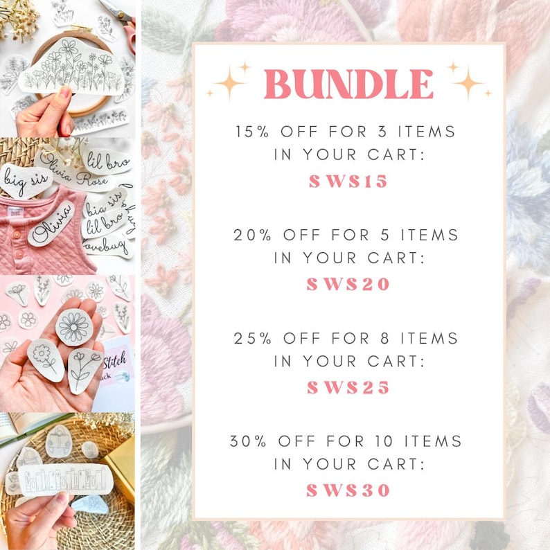 May include: An image showcasing a variety of embroidery designs, including floral patterns and personalized name tags. The text "BUNDLE" is displayed, along with discount offers for multiple items purchased.