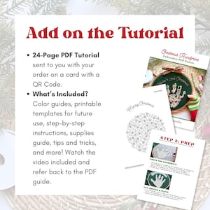 Puede incluir: Un tutorial en PDF para un patr&oacute;n de bordado de huellas de manos navide&ntilde;as, que incluye una tarjeta blanca con un dise&ntilde;o de copo de nieve y el texto "Merry Christmas". El tutorial incluye gu&iacute;as de color, plantillas e instrucciones.