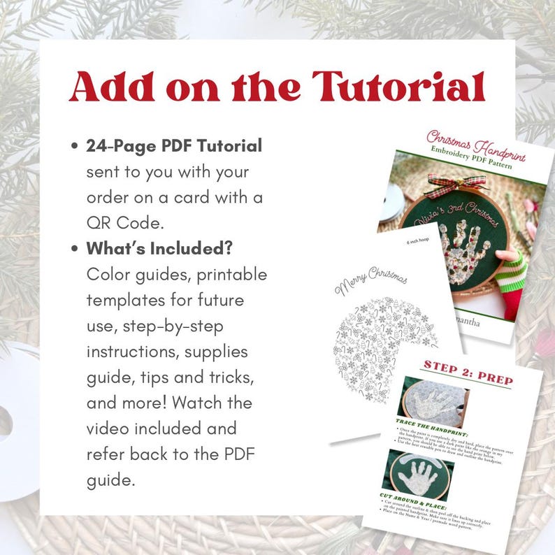 Puede incluir: Un tutorial en PDF para un patr&oacute;n de bordado de huellas de manos navide&ntilde;as, que incluye una tarjeta blanca con un dise&ntilde;o de copo de nieve y el texto "Merry Christmas". El tutorial incluye gu&iacute;as de color, plantillas e instrucciones.