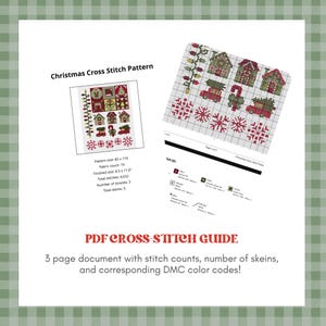 May include: A Christmas cross-stitch pattern PDF guide featuring a 3-page document with stitch counts, skein numbers, and DMC color codes. The design includes red and green houses, cars, snowflakes, and festive motifs on a grid layout.