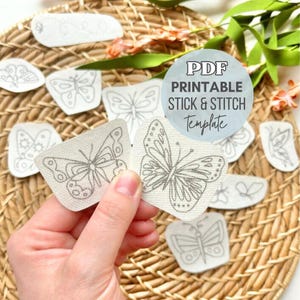 Puede incluir: Plantilla PDF imprimible para manualidades de pegar y coser mariposas. La plantilla presenta una variedad de diseños de mariposas con detalles intrincados.