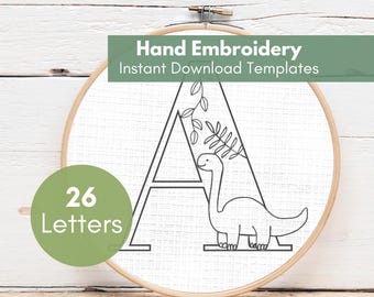 Dinosaur Alphabet Hand Embroidery PDF Template, Instant Digital Download, Letter Embroidery Design Boys, 8 Inch Jungle Monogram Hoop