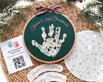 Christmas Embroidery Handprint Stick and Stitch, Kids Handprint Craft, Embroidery Hoop Transfer, DIY Christmas Gift, Newborn Stitch Craft