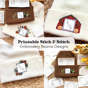 May include: A collection of beanies featuring embroidered designs including a red barn with pumpkins, a green tractor with corn stalks, and floral wreaths. Each design incorporates a square patch with the letters SWS. Includes printable paper templates.