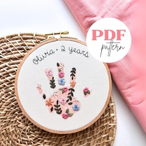 Patrón de bordado PDF con huella de mano, manualidad imprimible para el Día de la Madre, regalo significativo para el Día de la Madre, regalo de cumpleaños para mamá.