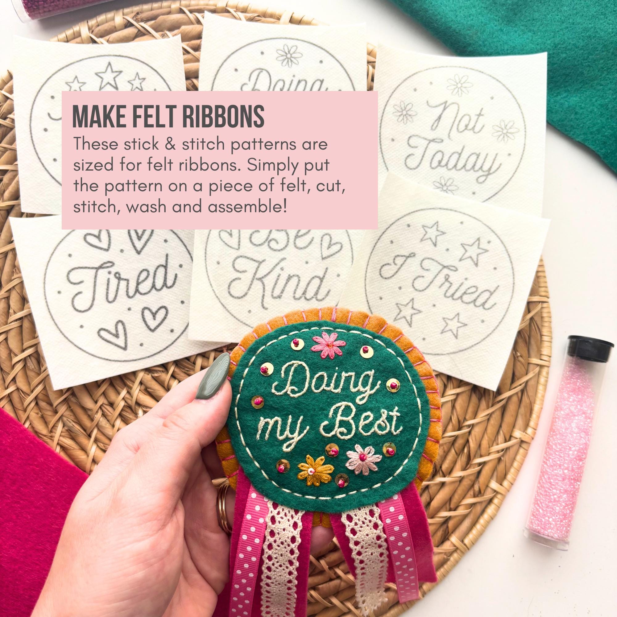 Felt Ribbon Template Felt Ribbon Stick and Stitch Design, Hand Embroidery Birthday Ribbon ...