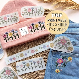 Color Printable Stick and Stitch Floral, Hand Embroidery Print and Stitch Download, PDF Embroidery Flowers Digital, Stick Stitch Printables