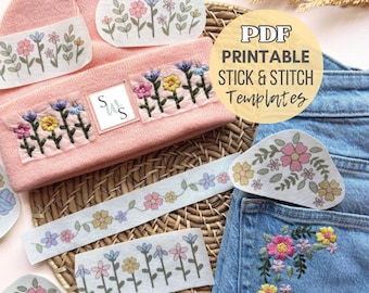 Color Printable Stick and Stitch Floral, Hand Embroidery Print and Stitch Download, PDF Embroidery Flowers Digital, Stick Stitch Printables