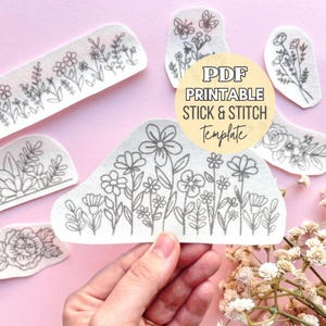 Printable Embroidery Patterns, Wild Flower Water Soluble Stabilizer Patterns, Peel and Stick and Stitch Transfer PDF, Wash Away Embroidery