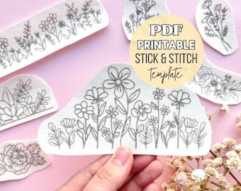 Printable Embroidery Patterns, Wild Flower Water Soluble Stabilizer Patterns, Peel and Stick and Stitch Transfer PDF, Wash Away Embroidery