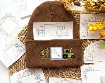 Tractor Beanie Embroidery Stick And Stitch, Embroidered Beanie Craft, Fall Craft Project, Hat Logo Patterns, Farm Stitching Peel Stick