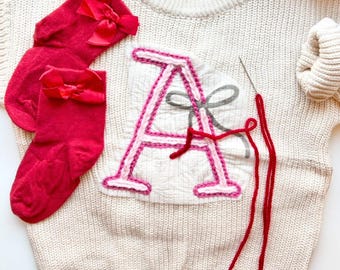 Bow Embroidered Valentines Day Sweater Kit, Stick and Stitch Hand Embroidery Patterns, DIY Personalized Knit Sweater, Holiday Craft Kit